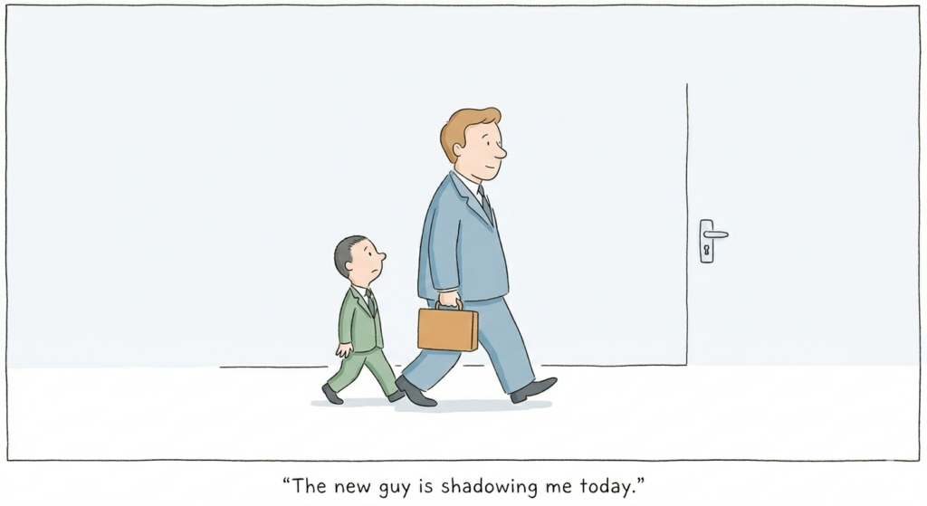 Cartoon van een lange man in een blauw pak met een aktentas, gevolgd door een kind in een groen pak. Het onderschrift luidt: "De nieuwe jongen loopt vandaag met me mee."