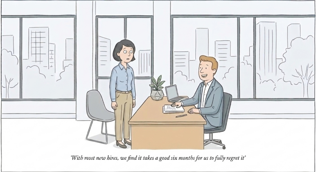 Een cartoon toont een nerveuze man die bij een bureau staat en tegenover een manager kijkt. De manager zegt: "Bij de meeste nieuwe werknemers duurt het zes maanden voordat we er spijt van krijgen." Het is een cartoon in de blog: 6 redenen om te investeren in onboarding.