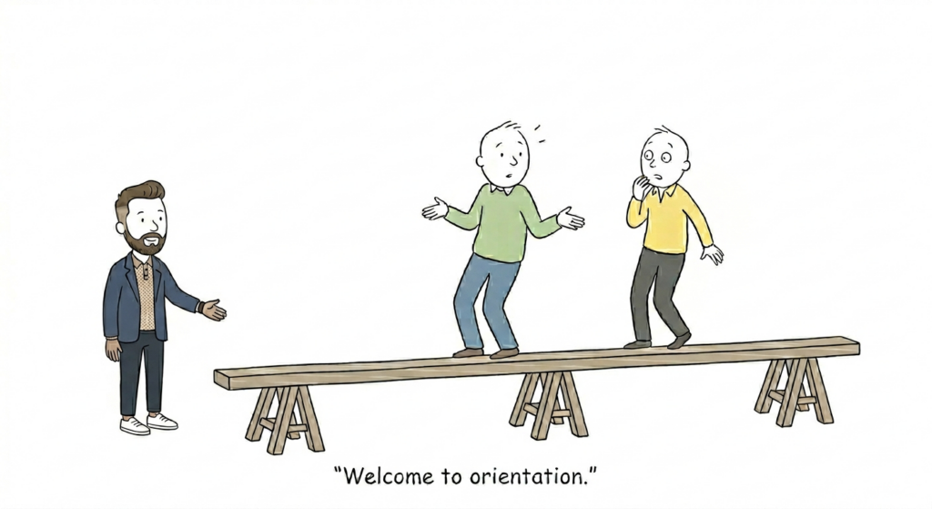 A man in a suit watches two nervous people balancing on a wooden plank supported by saw horses. Caption reads, "Welcome to orientation."
