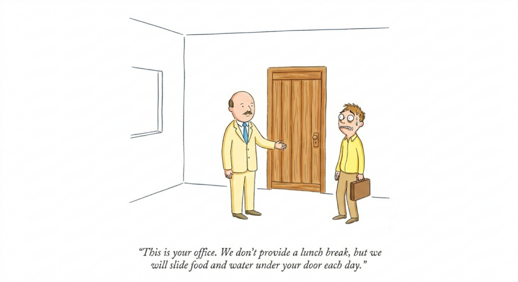 Een cartoon toont een man in pak die naar een houten deur in een eenvoudige kamer wijst en praat met een bezorgde man met een aktentas. Het onderschrift luidt: "Dit is uw kantoor. We bieden geen lunchpauze aan, maar we schuiven elke dag eten en drinken onder uw deur door."