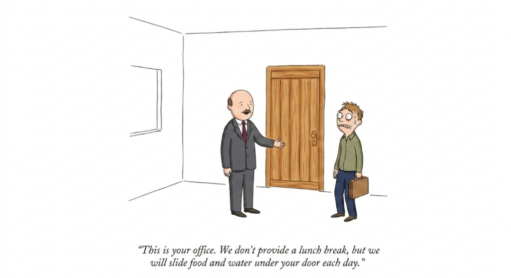 Een cartoon toont een man in pak die naar een houten deur in een eenvoudige kamer wijst en praat met een bezorgde man met een aktentas. Het onderschrift luidt: "Dit is uw kantoor. We bieden geen lunchpauze aan, maar we schuiven elke dag eten en drinken onder uw deur door."