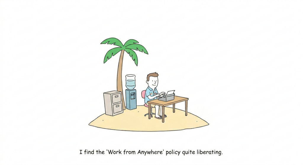 A person works happily on a laptop at a desk on a small island with a palm tree, file cabinet, and water cooler. Caption reads: "I find the 'Work from Anywhere' policy quite liberating."
