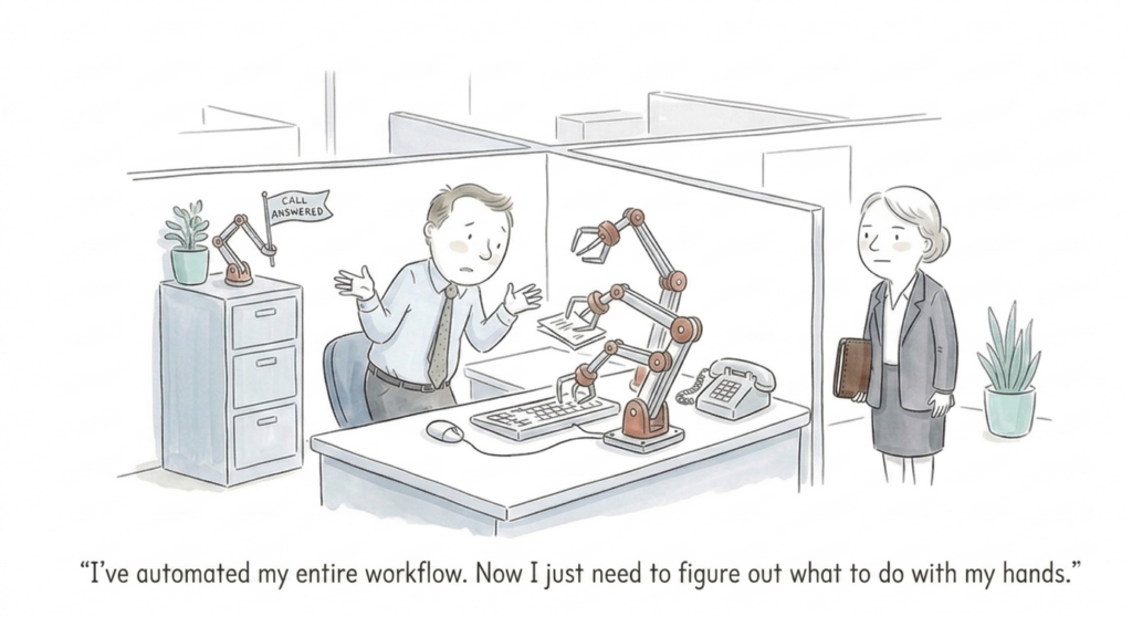 Een man in een kantoorcabine kijkt verbaasd toe hoe robotarmen zijn bureautaken overnemen. Een vrouw kijkt geamuseerd toe. Het onderschrift luidt: "Ik heb mijn hele workflow geautomatiseerd (gerelateerd aan een van de onboarding trends automatisering). Nu moet ik alleen nog uitvinden wat ik met mijn handen moet doen."