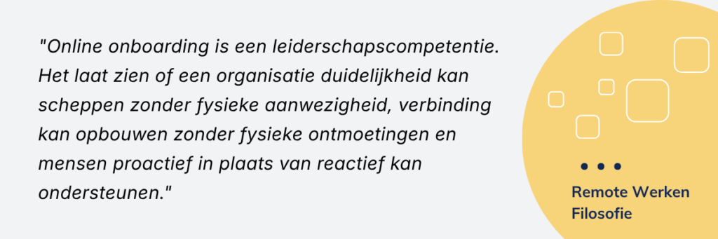 Een graphic met de tekst "Online onboarding is een leiderschapscompetentie..." en de titel "Remote Werken Filosofie", onderdeel van de blog 15 unieke oplossingen voor remote onboarding